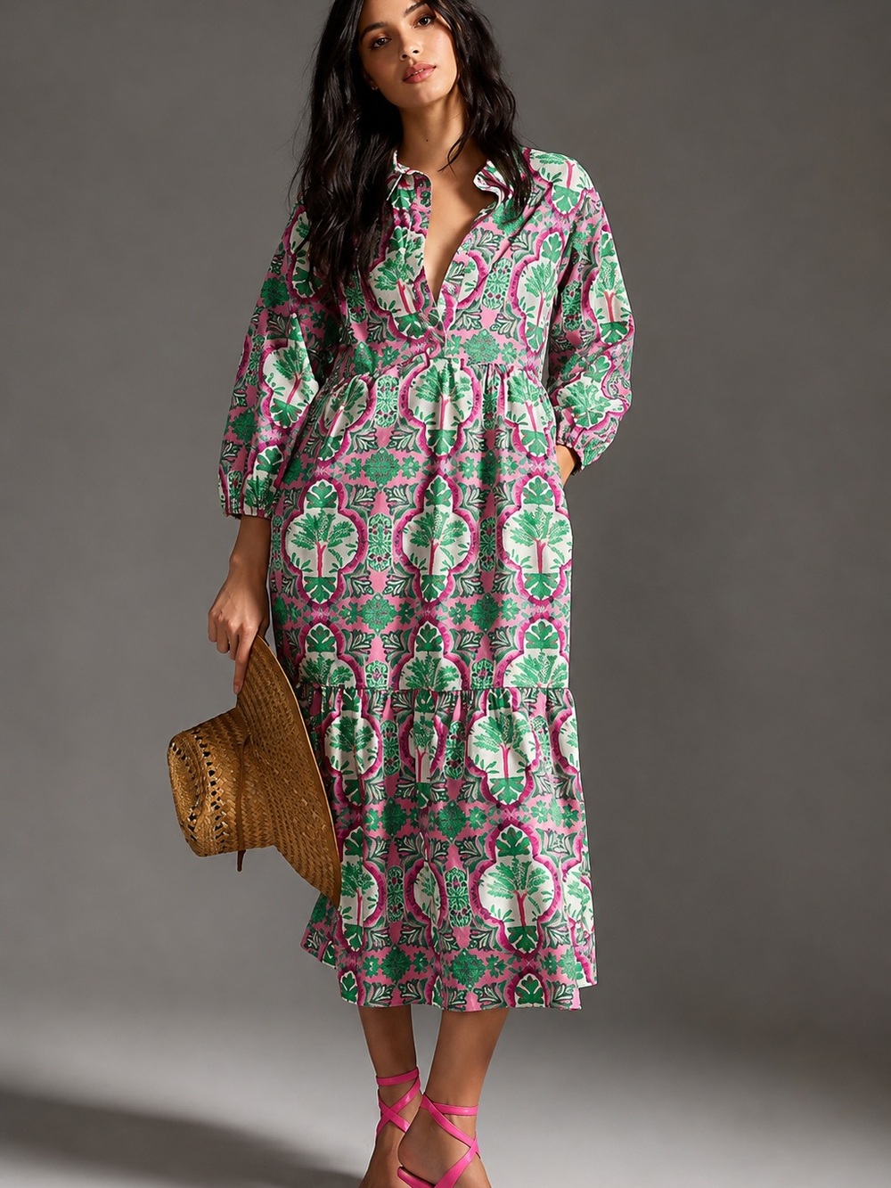 Maeve Anthropologie Bettina Tiered Shirt Dress Pink Green Floral XS